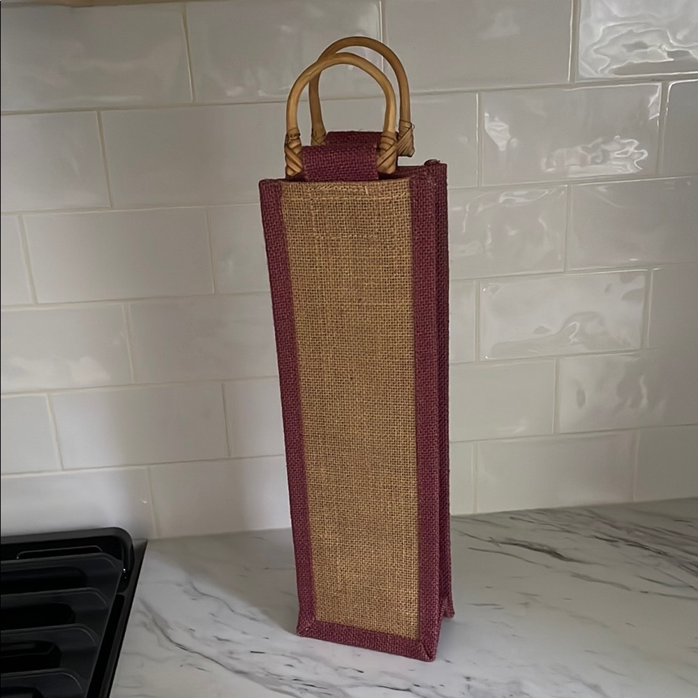 Burgundy Burlap Wine Tote Bag with Rattan Handles